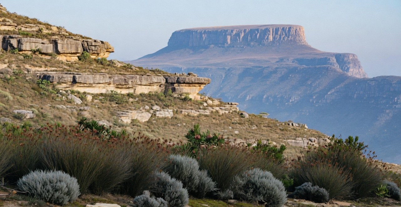 Illustrative photograph of fynbos shrubs and a flat-topped mountain