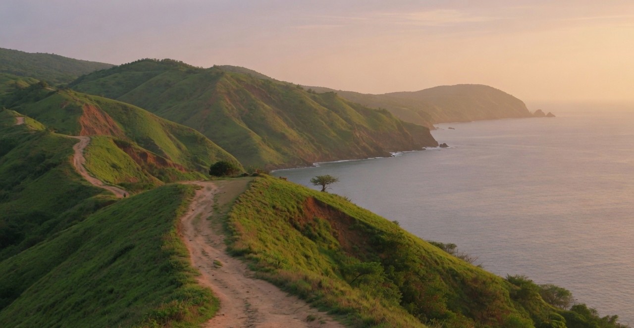 Illustrative photograph of green coastal hills above the sea