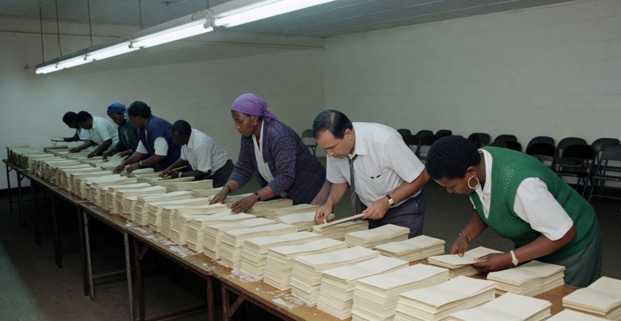 Illustrative scene of election workers counting stacks of paper ballots at night