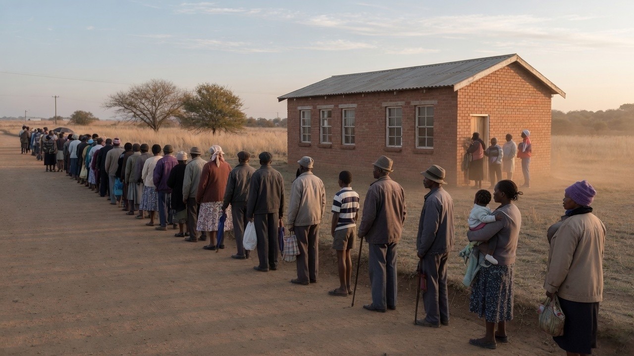 Illustrative scene of a long queue of voters outside a small brick school at sunrise